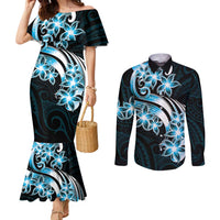 Plumeria Tribal Tattoo Couples Matching Mermaid Dress and Long Sleeve Button Shirt Blue Polynesian Pattern