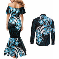 Plumeria Tribal Tattoo Couples Matching Mermaid Dress and Long Sleeve Button Shirt Blue Polynesian Pattern