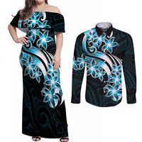 Plumeria Tribal Tattoo Couples Matching Off Shoulder Maxi Dress and Long Sleeve Button Shirt Blue Polynesian Pattern