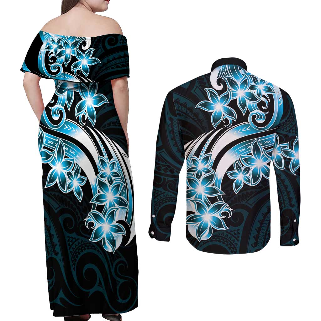 Plumeria Tribal Tattoo Couples Matching Off Shoulder Maxi Dress and Long Sleeve Button Shirt Blue Polynesian Pattern