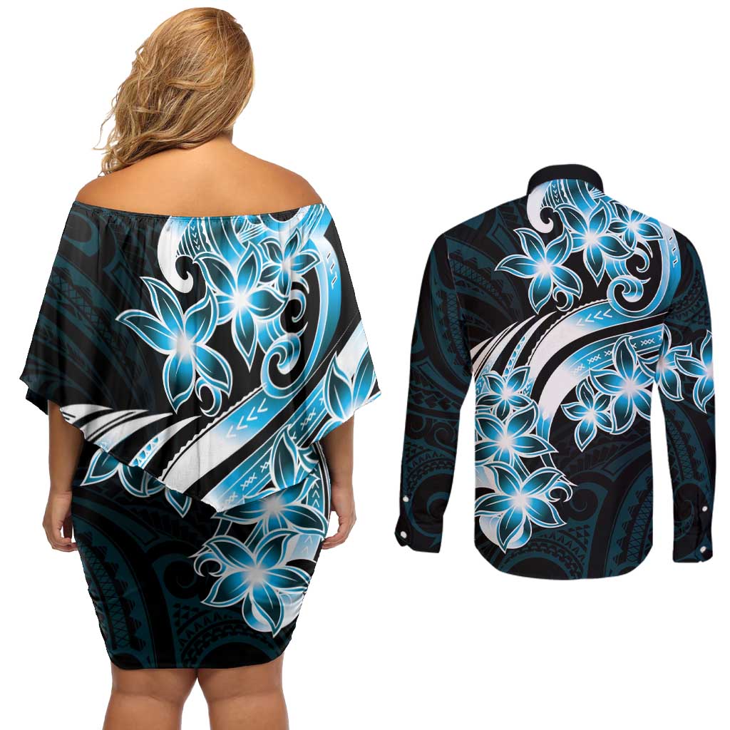 Plumeria Tribal Tattoo Couples Matching Off Shoulder Short Dress and Long Sleeve Button Shirt Blue Polynesian Pattern