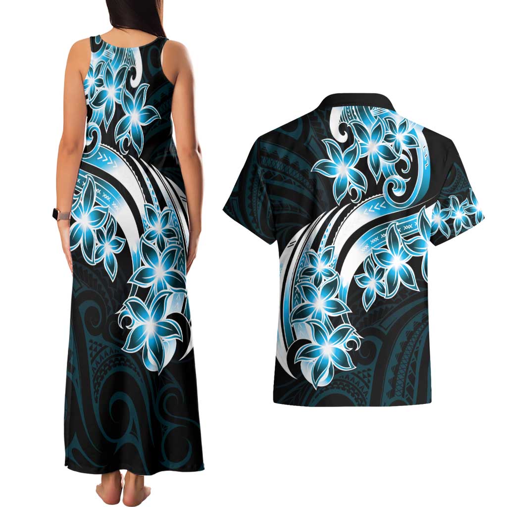 Plumeria Tribal Tattoo Couples Matching Tank Maxi Dress and Hawaiian Shirt Blue Polynesian Pattern