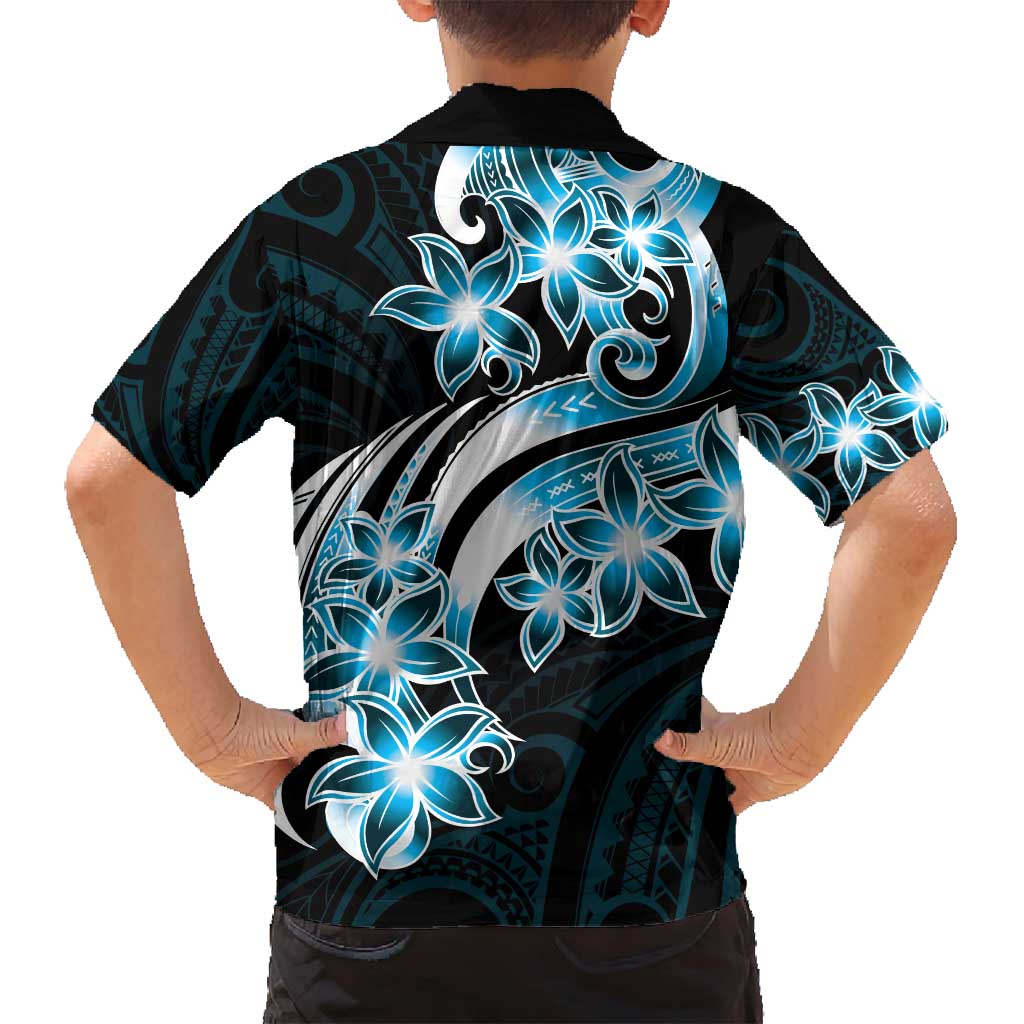Plumeria Tribal Tattoo Family Matching Long Sleeve Bodycon Dress and Hawaiian Shirt Blue Polynesian Pattern