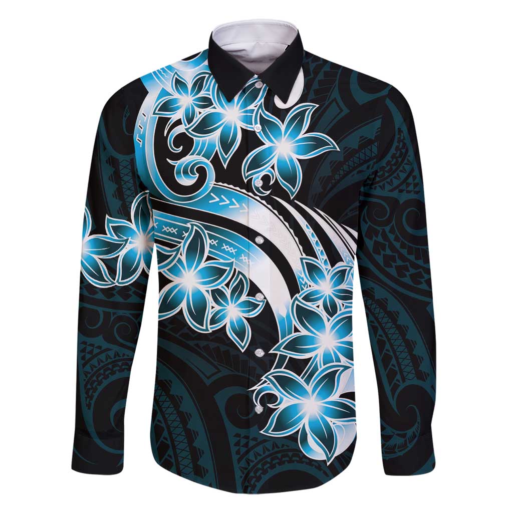 Plumeria Tribal Tattoo Family Matching Long Sleeve Bodycon Dress and Hawaiian Shirt Blue Polynesian Pattern
