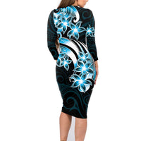 Plumeria Tribal Tattoo Family Matching Long Sleeve Bodycon Dress and Hawaiian Shirt Blue Polynesian Pattern