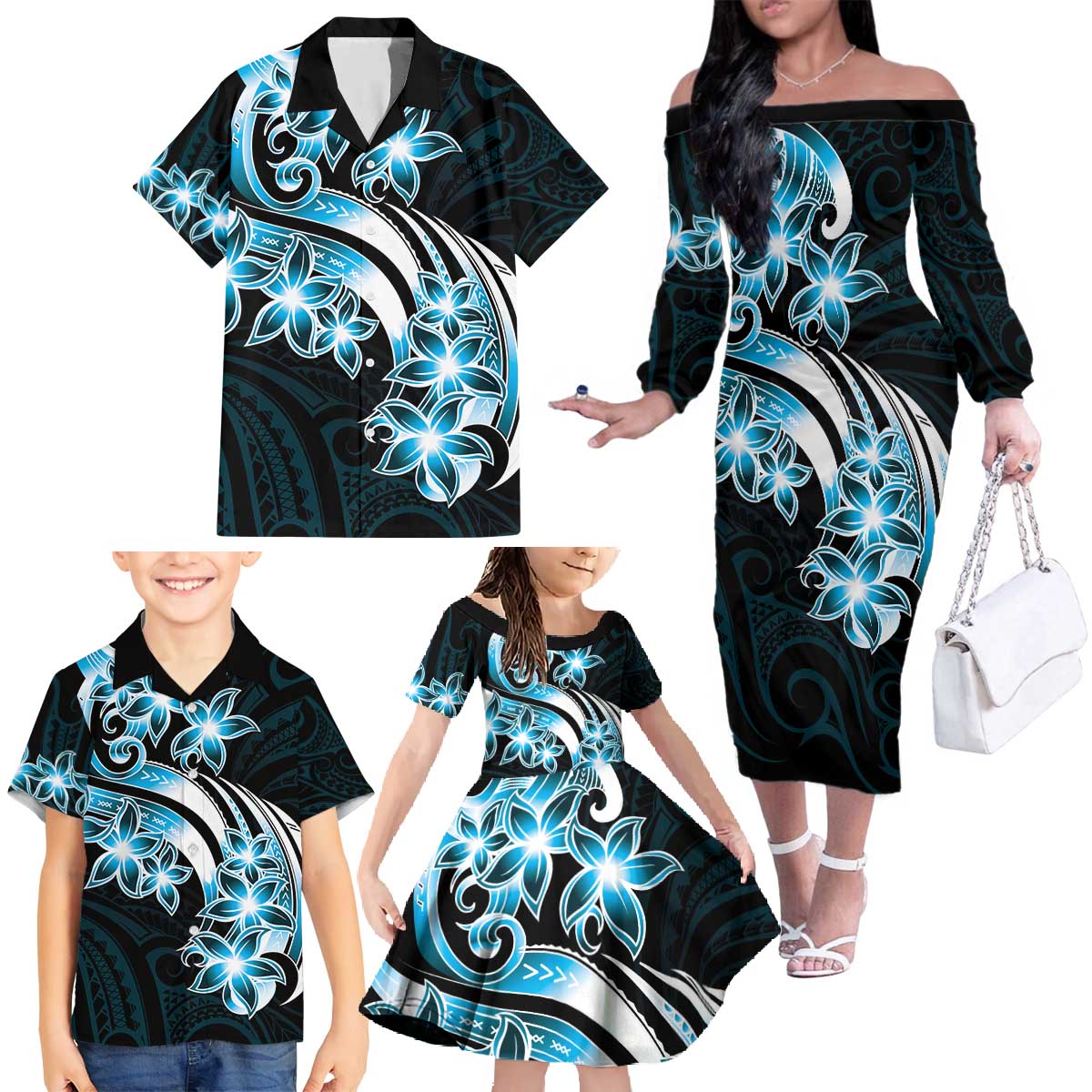 Plumeria Tribal Tattoo Family Matching Off The Shoulder Long Sleeve Dress and Hawaiian Shirt Blue Polynesian Pattern LT9 - Polynesian Pride