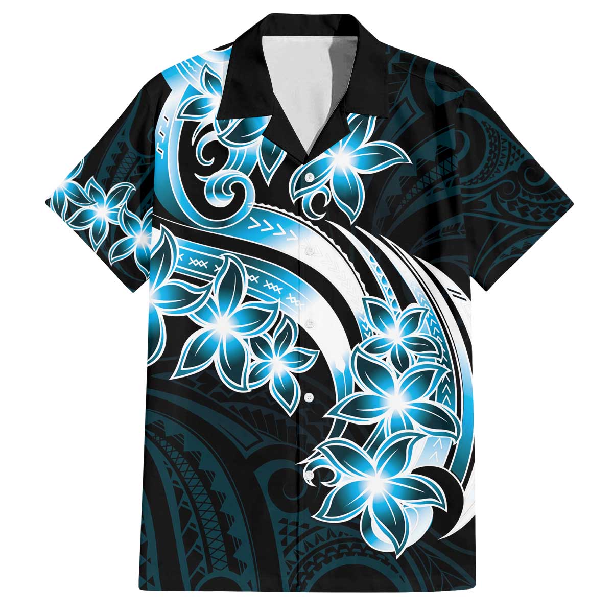 Plumeria Tribal Tattoo Family Matching Off The Shoulder Long Sleeve Dress and Hawaiian Shirt Blue Polynesian Pattern LT9 Dad's Shirt - Short Sleeve Blue - Polynesian Pride