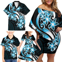 Plumeria Tribal Tattoo Family Matching Off Shoulder Short Dress and Hawaiian Shirt Blue Polynesian Pattern