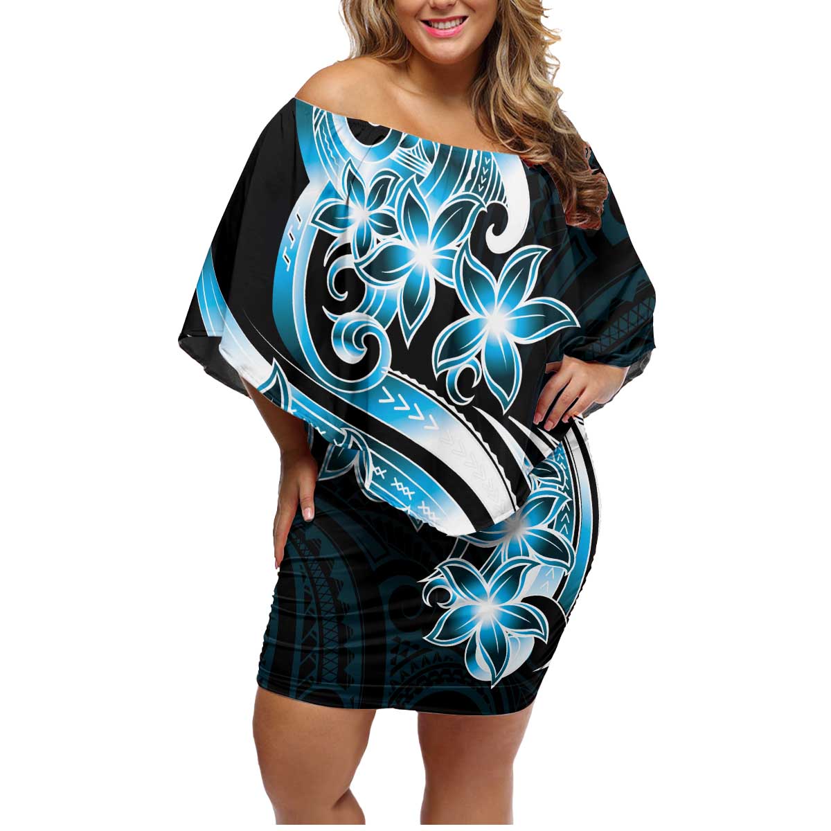 Plumeria Tribal Tattoo Family Matching Off Shoulder Short Dress and Hawaiian Shirt Blue Polynesian Pattern