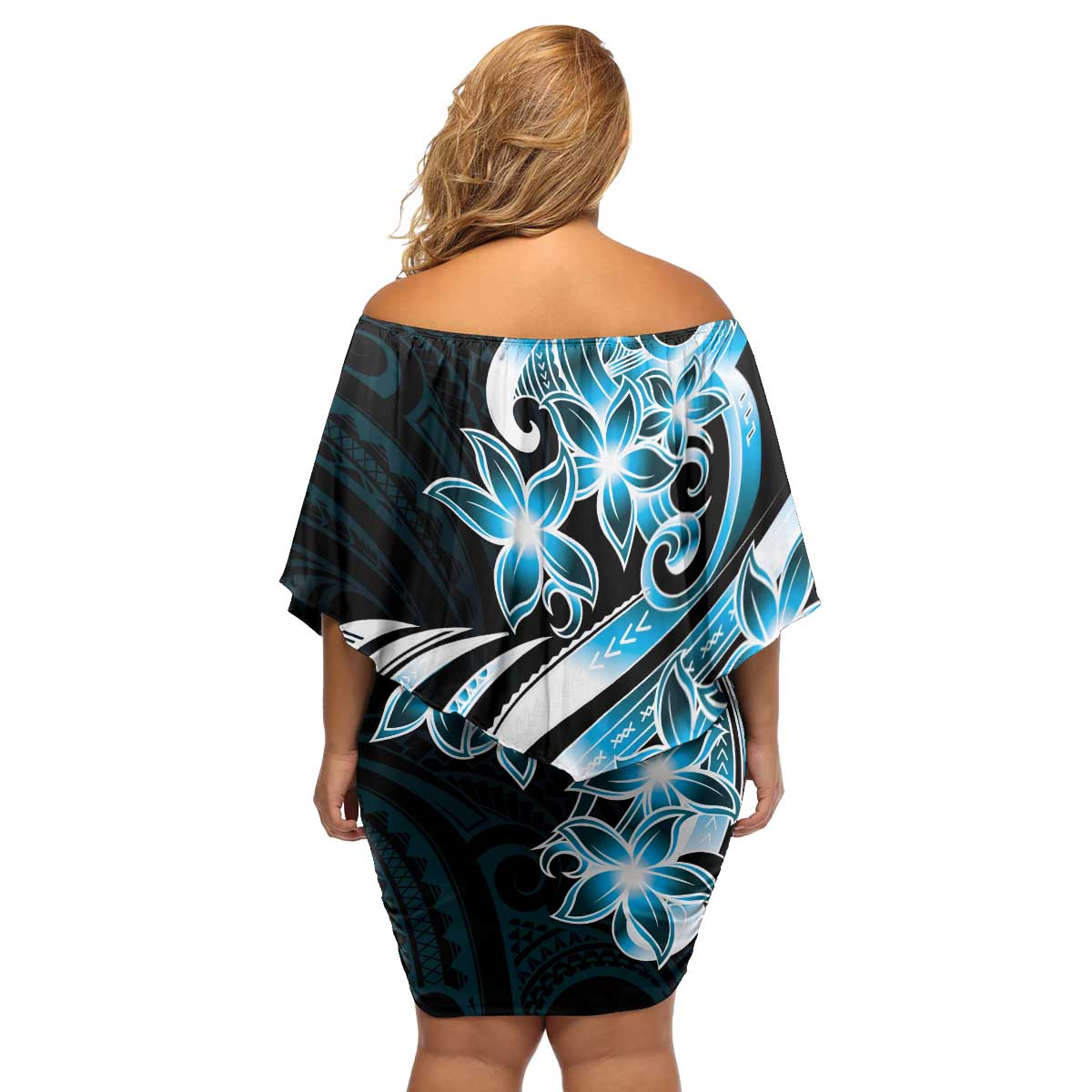 Plumeria Tribal Tattoo Family Matching Off Shoulder Short Dress and Hawaiian Shirt Blue Polynesian Pattern