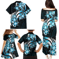 Plumeria Tribal Tattoo Family Matching Puletasi and Hawaiian Shirt Blue Polynesian Pattern
