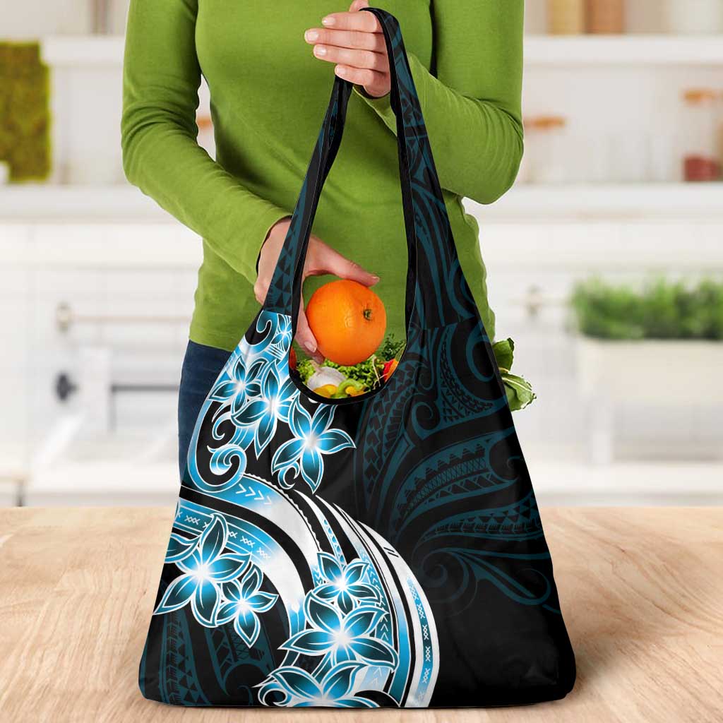 Plumeria Tribal Tattoo Grocery Bag Blue Polynesian Pattern