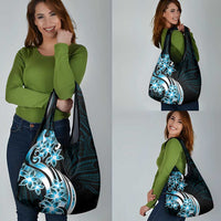 Plumeria Tribal Tattoo Grocery Bag Blue Polynesian Pattern
