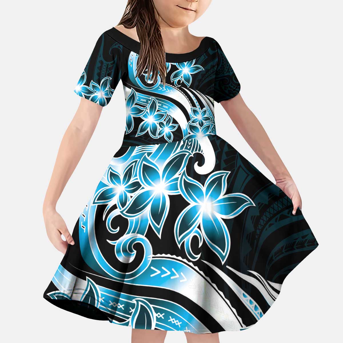 Plumeria Tribal Tattoo Kid Short Sleeve Dress Blue Polynesian Pattern