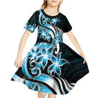 Plumeria Tribal Tattoo Kid Short Sleeve Dress Blue Polynesian Pattern
