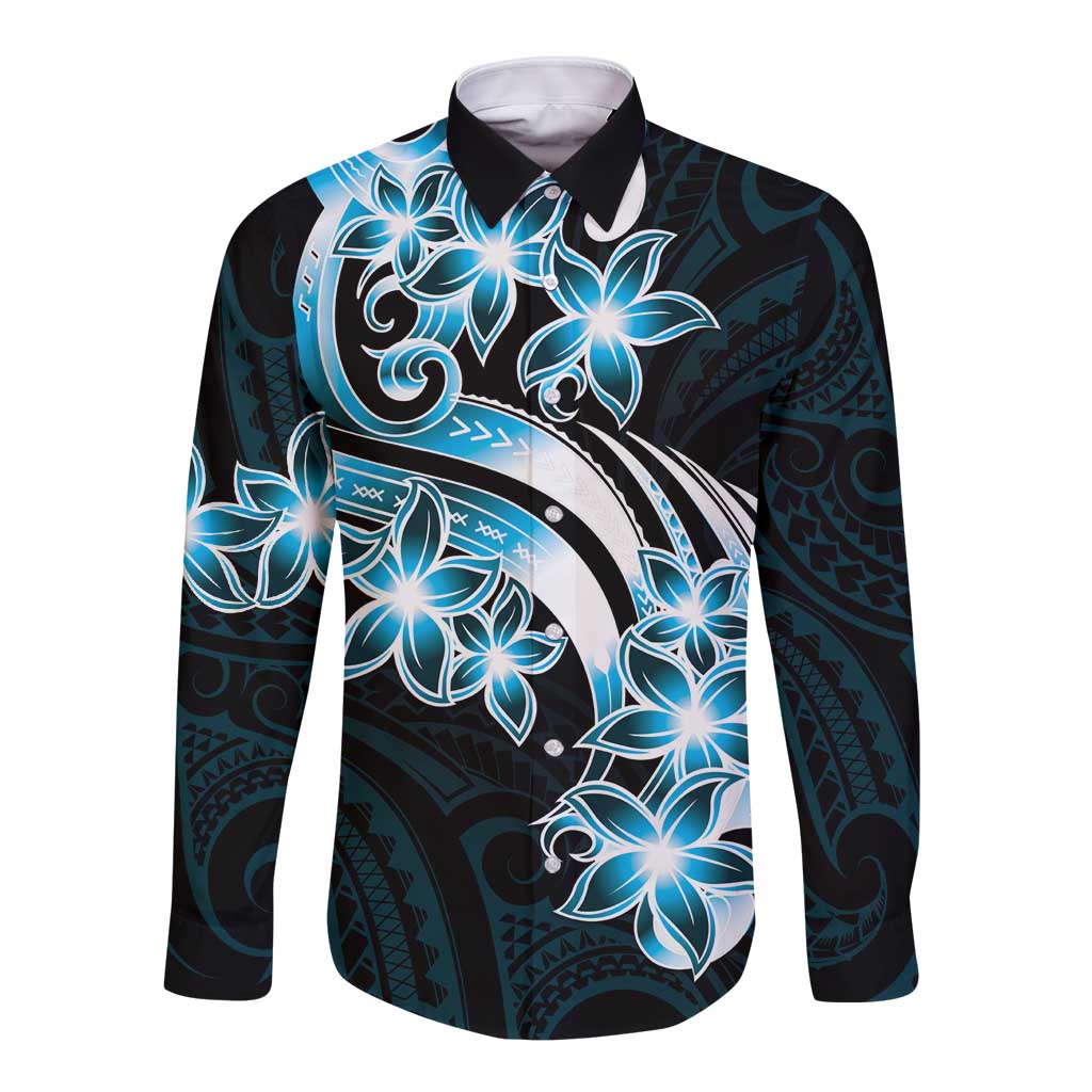 Plumeria Tribal Tattoo Long Sleeve Button Shirt Blue Polynesian Pattern LT9 Unisex Blue - Polynesian Pride