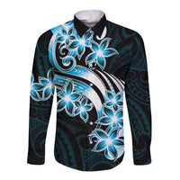 Plumeria Tribal Tattoo Long Sleeve Button Shirt Blue Polynesian Pattern LT9 Unisex Blue - Polynesian Pride