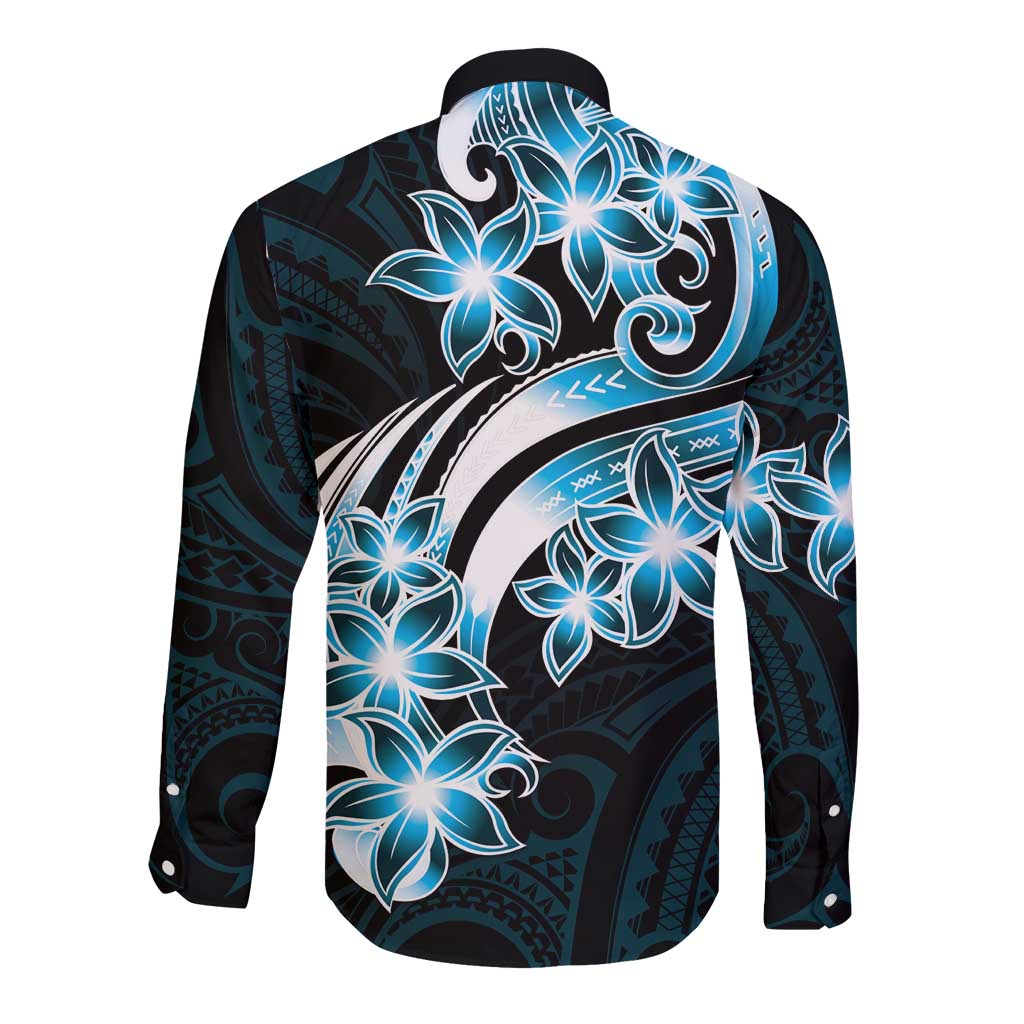Plumeria Tribal Tattoo Long Sleeve Button Shirt Blue Polynesian Pattern LT9 - Polynesian Pride