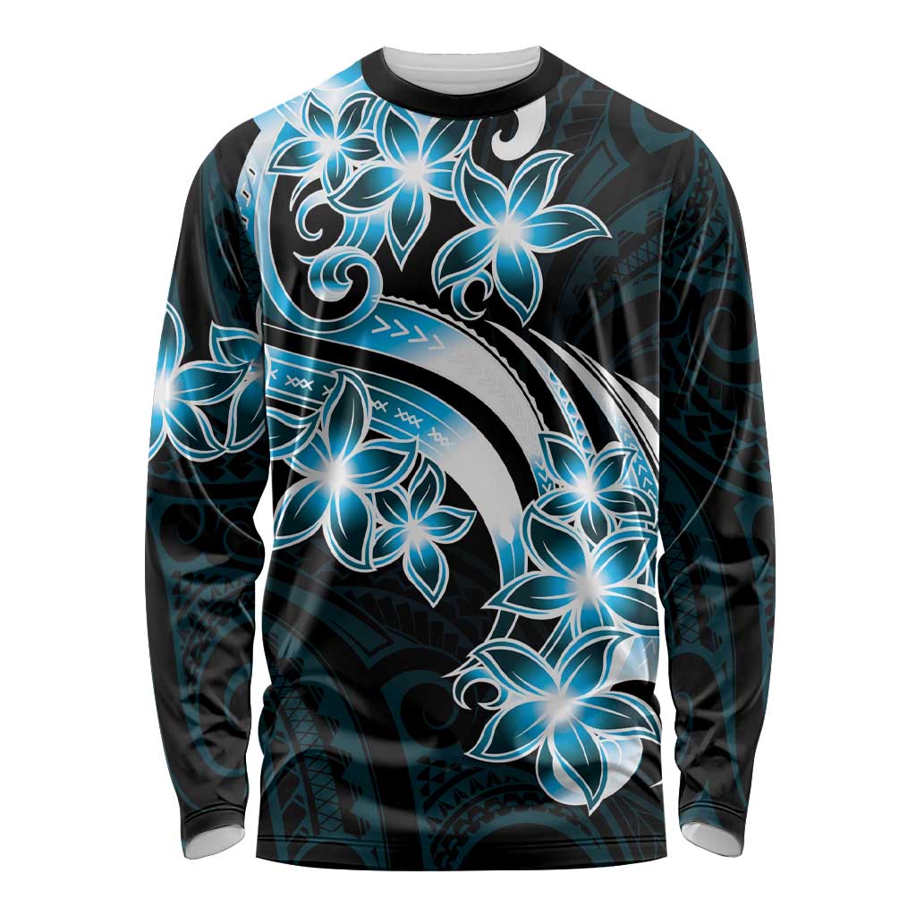 Plumeria Tribal Tattoo Long Sleeve Shirt Blue Polynesian Pattern LT9 Unisex Blue - Polynesian Pride
