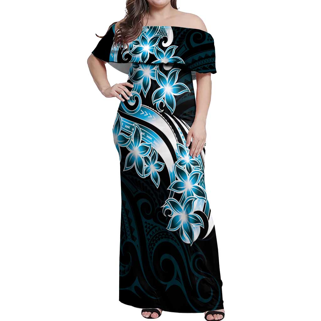 Plumeria Tribal Tattoo Off Shoulder Maxi Dress Blue Polynesian Pattern LT9 Women Blue - Polynesian Pride