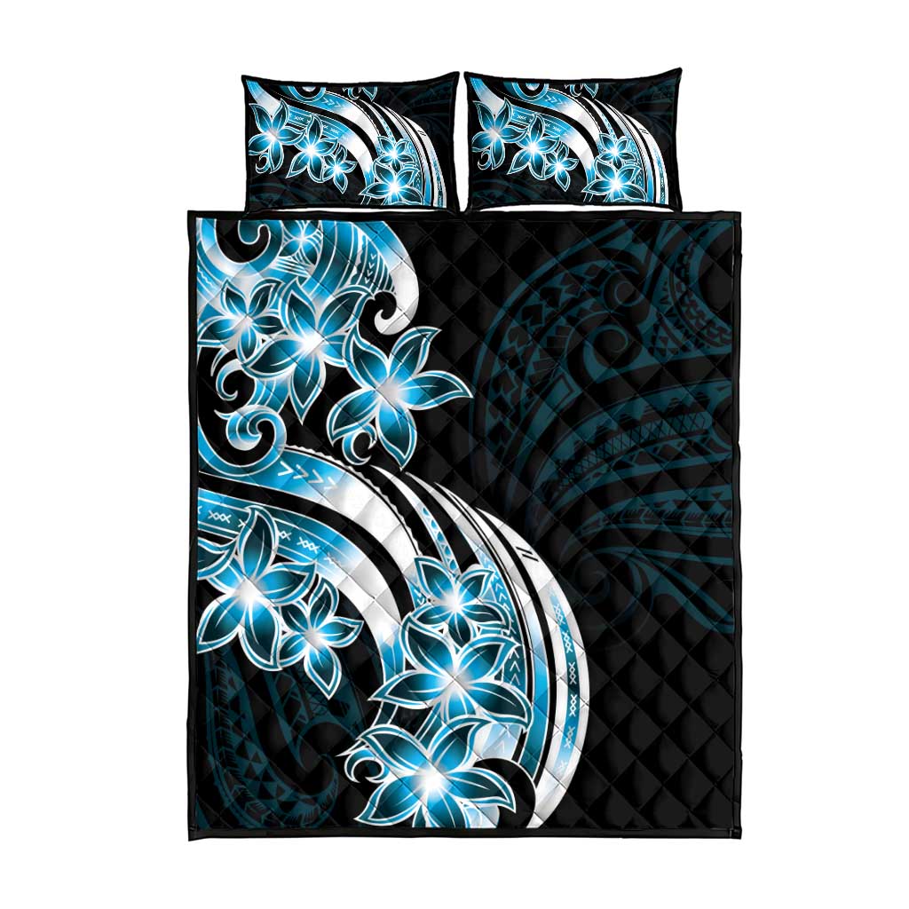 Plumeria Tribal Tattoo Quilt Bed Set Blue Polynesian Pattern