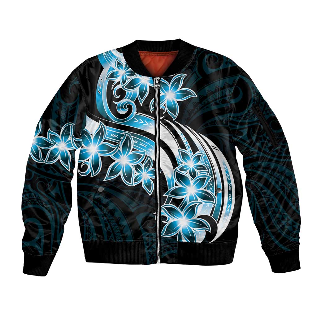 Plumeria Tribal Tattoo Sleeve Zip Bomber Jacket Blue Polynesian Pattern LT9 Unisex Blue - Polynesian Pride