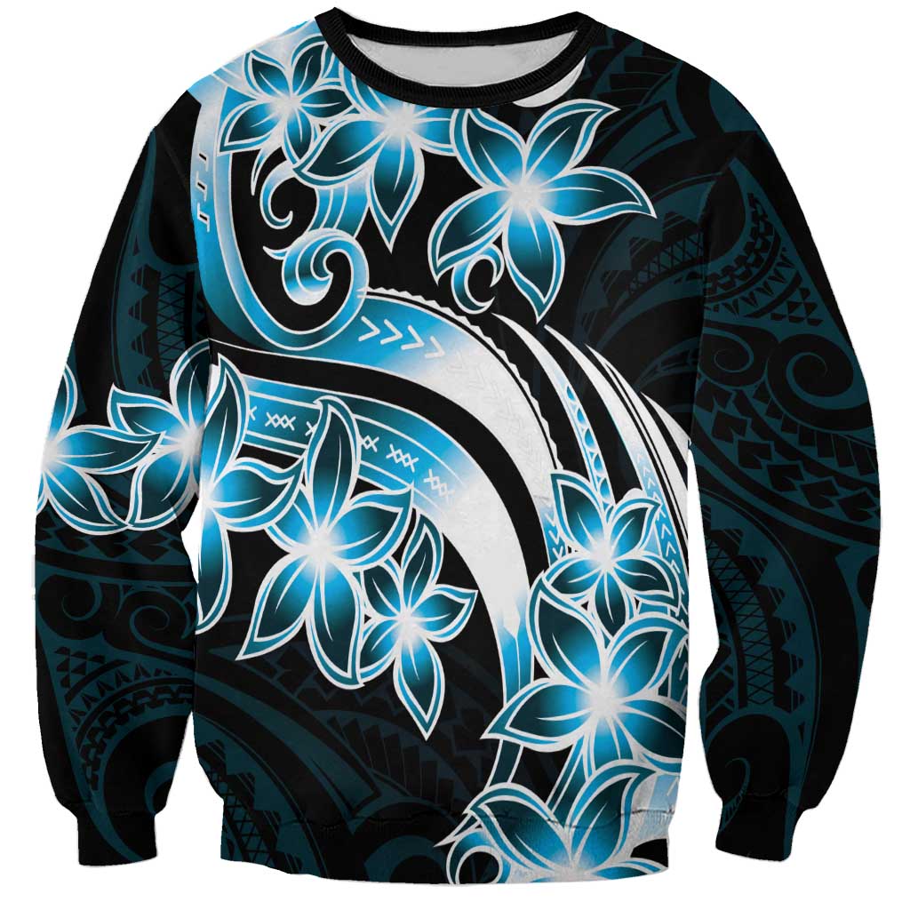 Plumeria Tribal Tattoo Sweatshirt Blue Polynesian Pattern