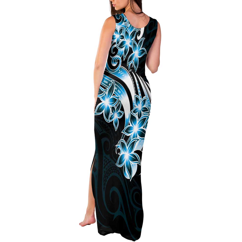Plumeria Tribal Tattoo Tank Maxi Dress Blue Polynesian Pattern