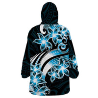 Plumeria Tribal Tattoo Wearable Blanket Hoodie Blue Polynesian Pattern