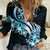 Plumeria Tribal Tattoo Women Casual Shirt Blue Polynesian Pattern