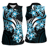 Plumeria Tribal Tattoo Women Sleeveless Polo Shirt Blue Polynesian Pattern
