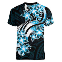 Plumeria Tribal Tattoo Women V-Neck T-Shirt Blue Polynesian Pattern