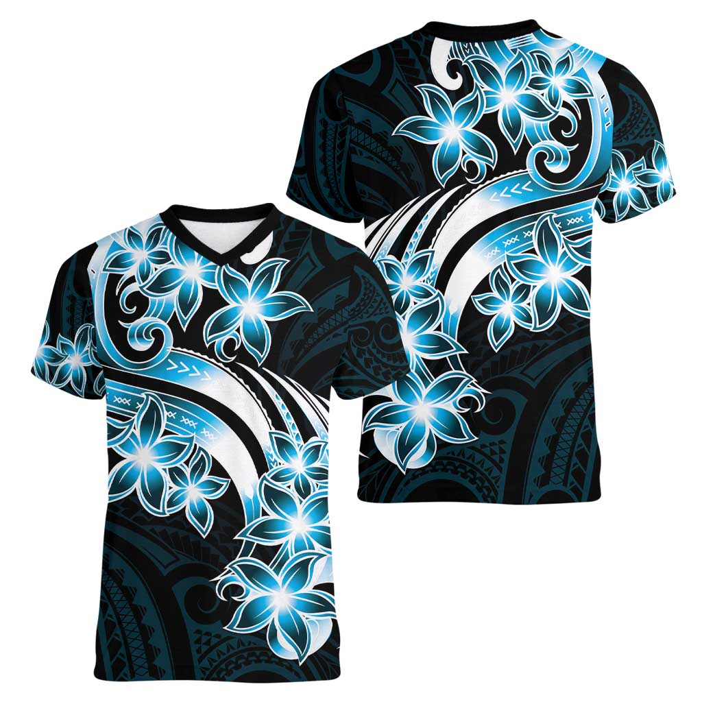 Plumeria Tribal Tattoo Women V-Neck T-Shirt Blue Polynesian Pattern
