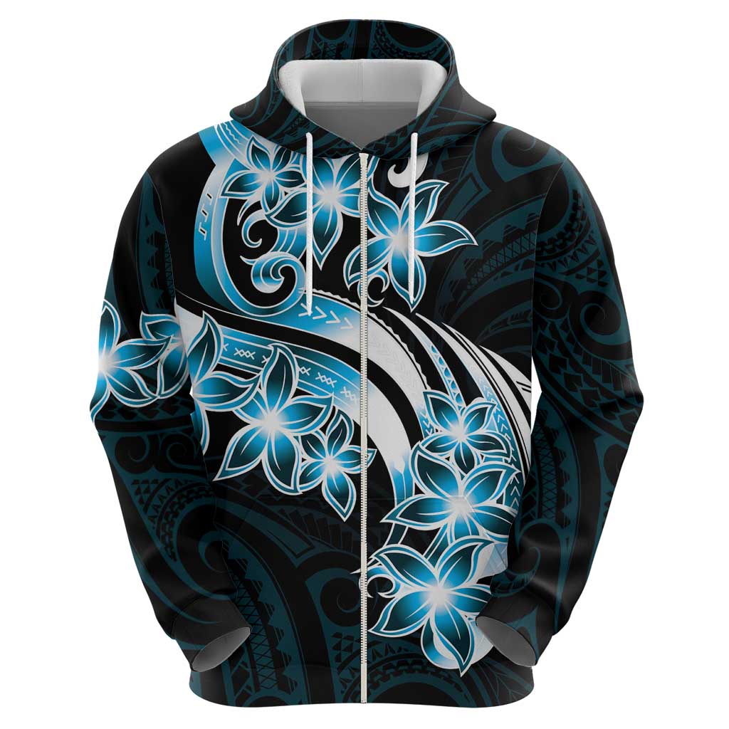 Plumeria Tribal Tattoo Zip Hoodie Blue Polynesian Pattern LT9 - Polynesian Pride