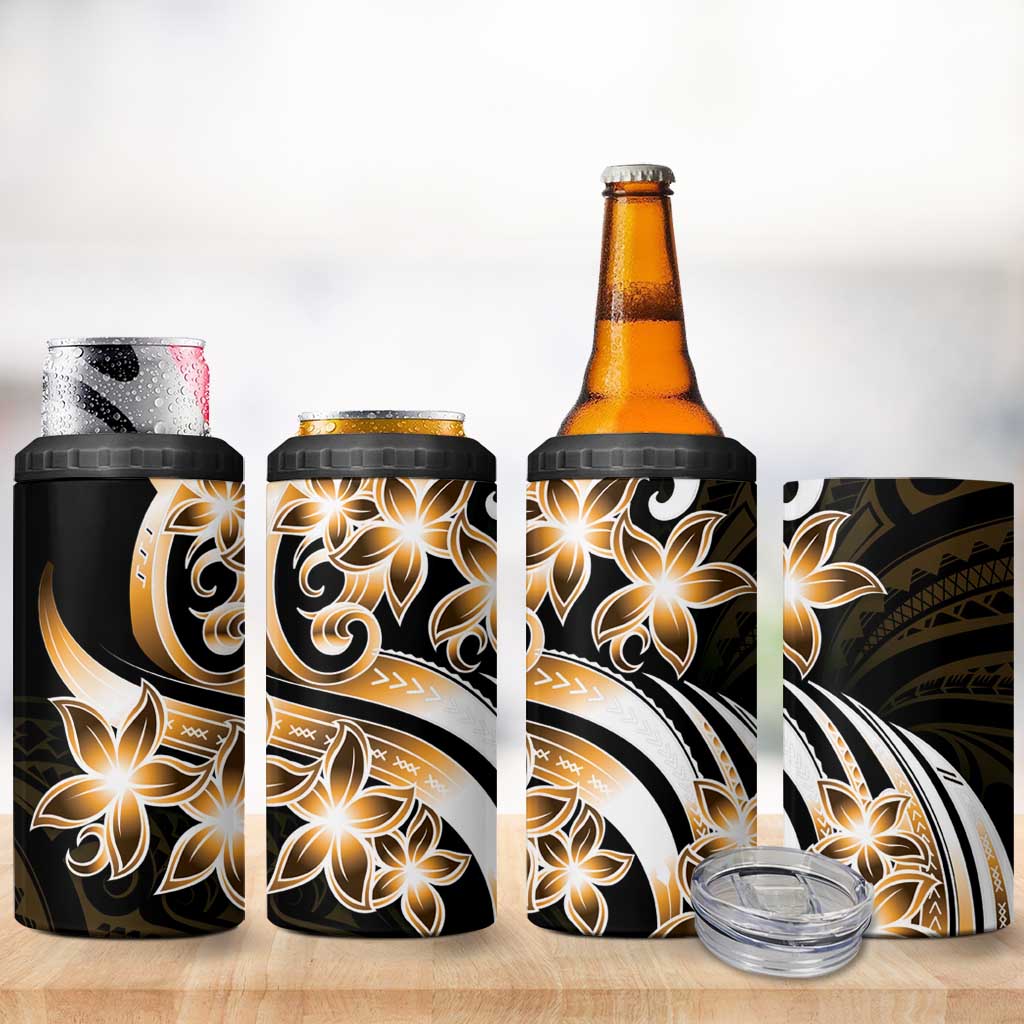 Plumeria Tribal Tattoo 4 in 1 Can Cooler Tumbler Gold Polynesian Pattern