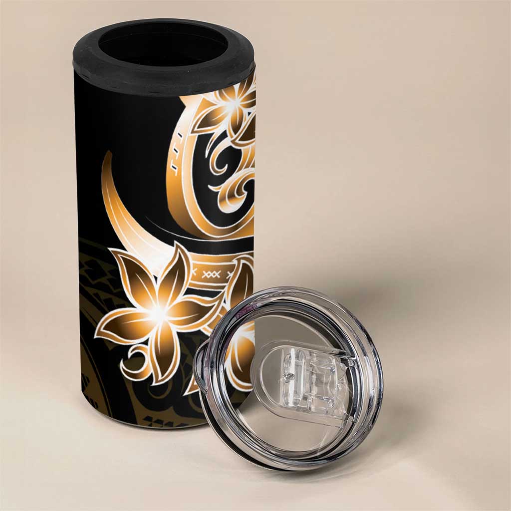 Plumeria Tribal Tattoo 4 in 1 Can Cooler Tumbler Gold Polynesian Pattern