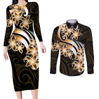 Plumeria Tribal Tattoo Couples Matching Long Sleeve Bodycon Dress and Long Sleeve Button Shirt Gold Polynesian Pattern
