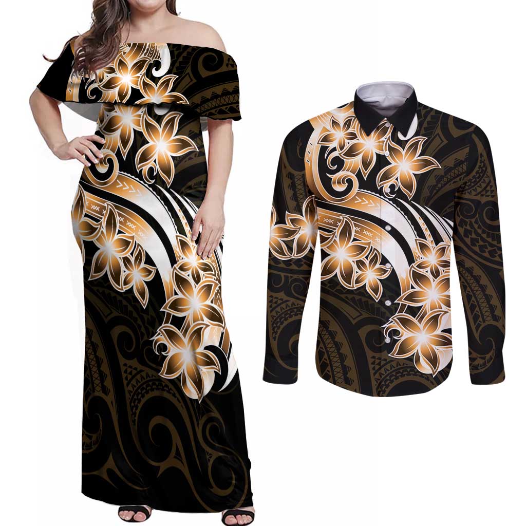 Plumeria Tribal Tattoo Couples Matching Off Shoulder Maxi Dress and Long Sleeve Button Shirt Gold Polynesian Pattern