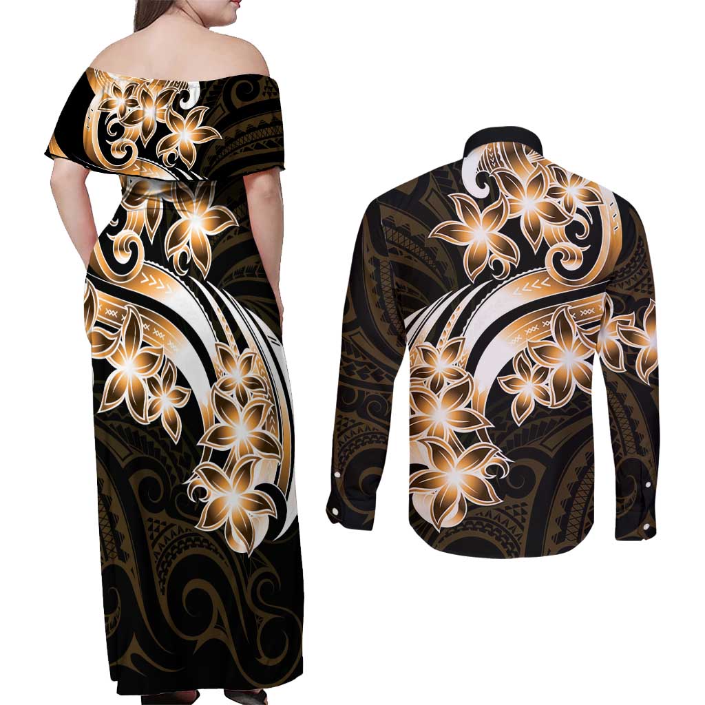 Plumeria Tribal Tattoo Couples Matching Off Shoulder Maxi Dress and Long Sleeve Button Shirt Gold Polynesian Pattern
