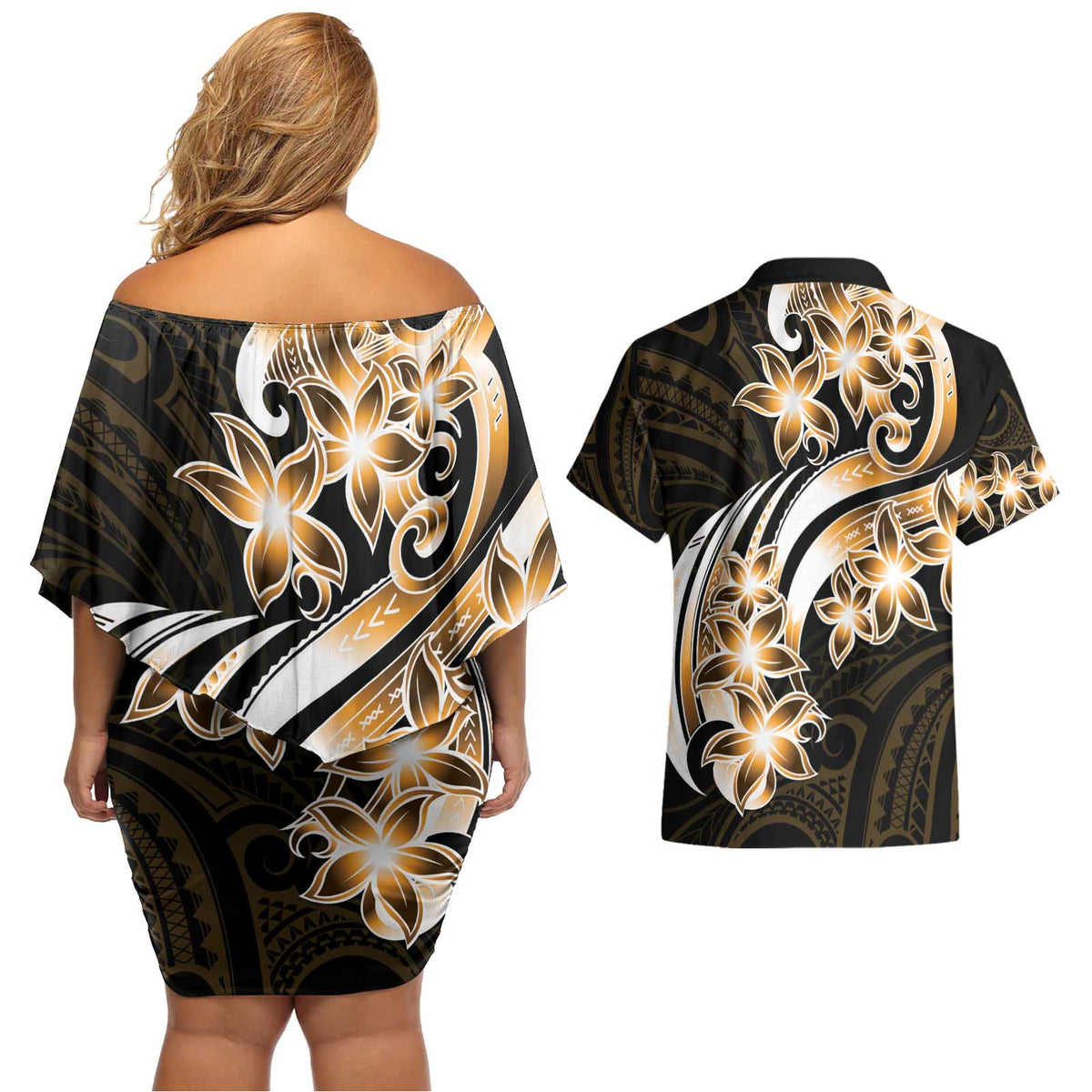 Plumeria Tribal Tattoo Couples Matching Off Shoulder Short Dress and Hawaiian Shirt Gold Polynesian Pattern