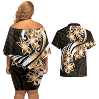 Plumeria Tribal Tattoo Couples Matching Off Shoulder Short Dress and Hawaiian Shirt Gold Polynesian Pattern