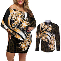 Plumeria Tribal Tattoo Couples Matching Off Shoulder Short Dress and Long Sleeve Button Shirt Gold Polynesian Pattern