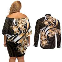 Plumeria Tribal Tattoo Couples Matching Off Shoulder Short Dress and Long Sleeve Button Shirt Gold Polynesian Pattern