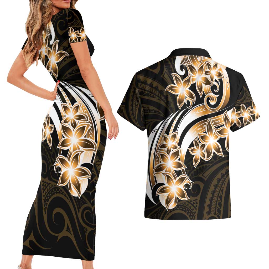 Plumeria Tribal Tattoo Couples Matching Short Sleeve Bodycon Dress and Hawaiian Shirt Gold Polynesian Pattern