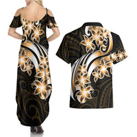 Plumeria Tribal Tattoo Couples Matching Summer Maxi Dress and Hawaiian Shirt Gold Polynesian Pattern