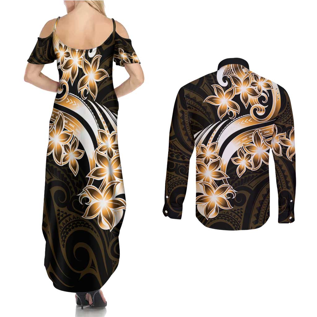 Plumeria Tribal Tattoo Couples Matching Summer Maxi Dress and Long Sleeve Button Shirt Gold Polynesian Pattern