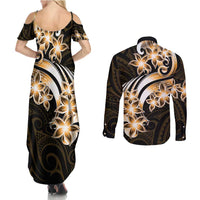 Plumeria Tribal Tattoo Couples Matching Summer Maxi Dress and Long Sleeve Button Shirt Gold Polynesian Pattern