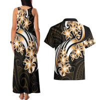 Plumeria Tribal Tattoo Couples Matching Tank Maxi Dress and Hawaiian Shirt Gold Polynesian Pattern