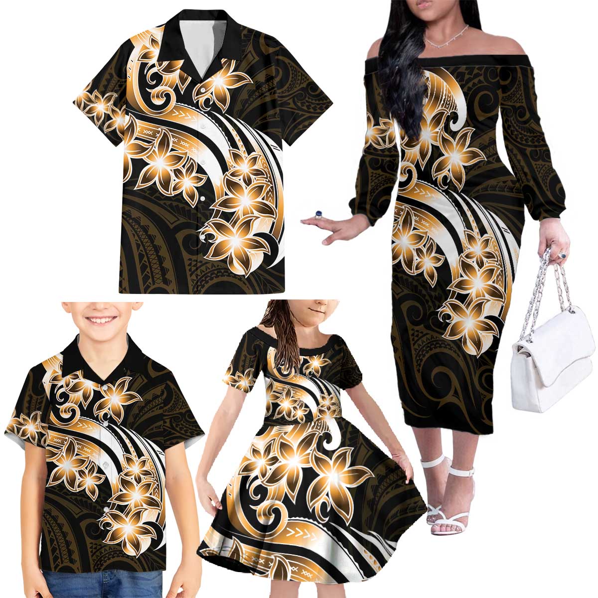 Plumeria Tribal Tattoo Family Matching Off The Shoulder Long Sleeve Dress and Hawaiian Shirt Gold Polynesian Pattern LT9 - Polynesian Pride