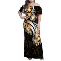 Plumeria Tribal Tattoo Family Matching Off Shoulder Maxi Dress and Hawaiian Shirt Gold Polynesian Pattern